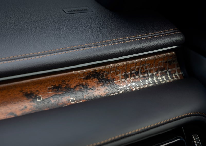 A close-up shot of the 2026 Lincoln Aviator® dashboard with unique black and brown accents and brown stitching. | McLarty Daniel Lincoln in Bentonville AR